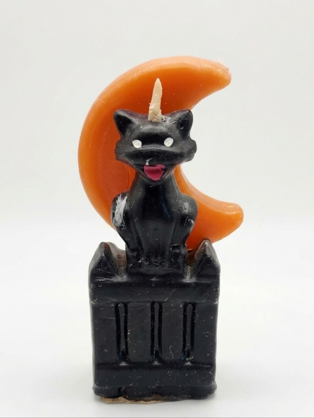 Vtg Gurley Candle Co. Black Cat On Fence With Orange Moon Candle